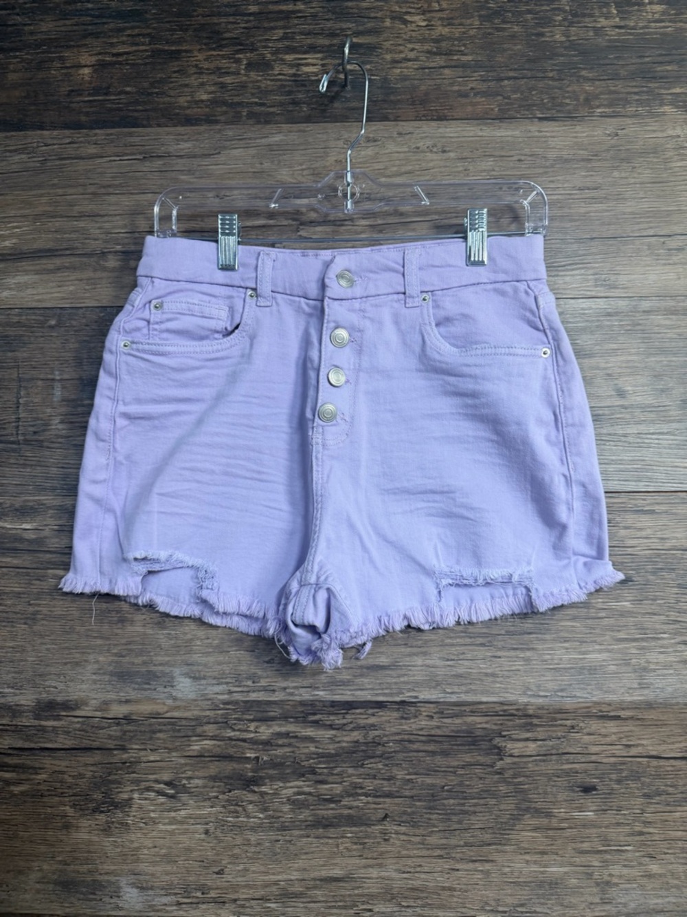 No Boundaries Lavender Button-Up Frayed Denim Shorts